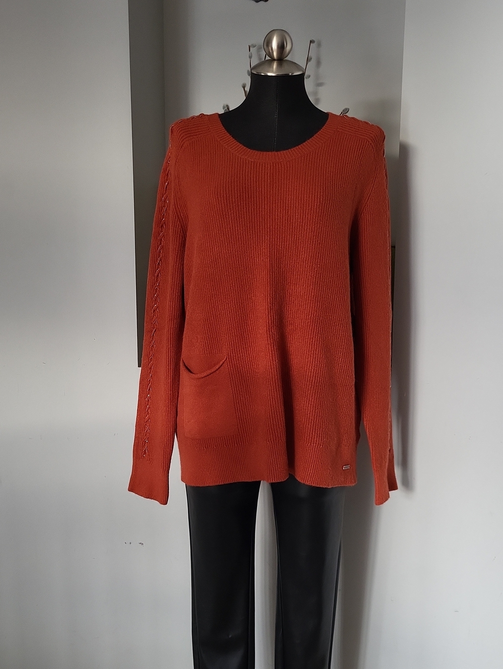 Picadilly Canada Textured Knit Pocket Pullover Sweater - Rust Burnt Orange Sz L